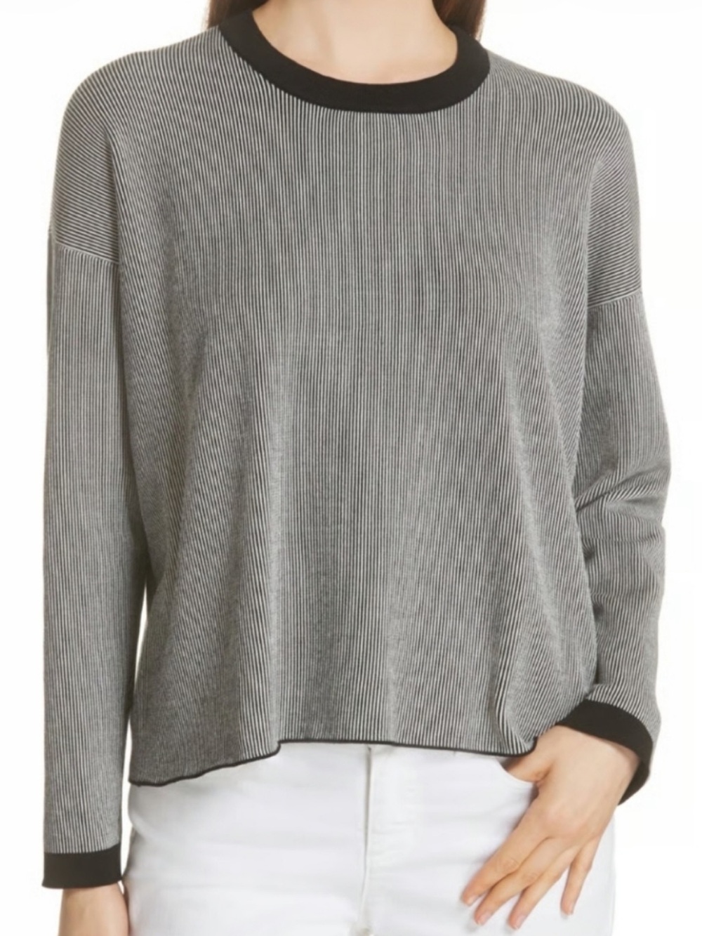 Eileen Fisher Vertical Stripe Ribbed Sweater Black & White Pullover Crewneck